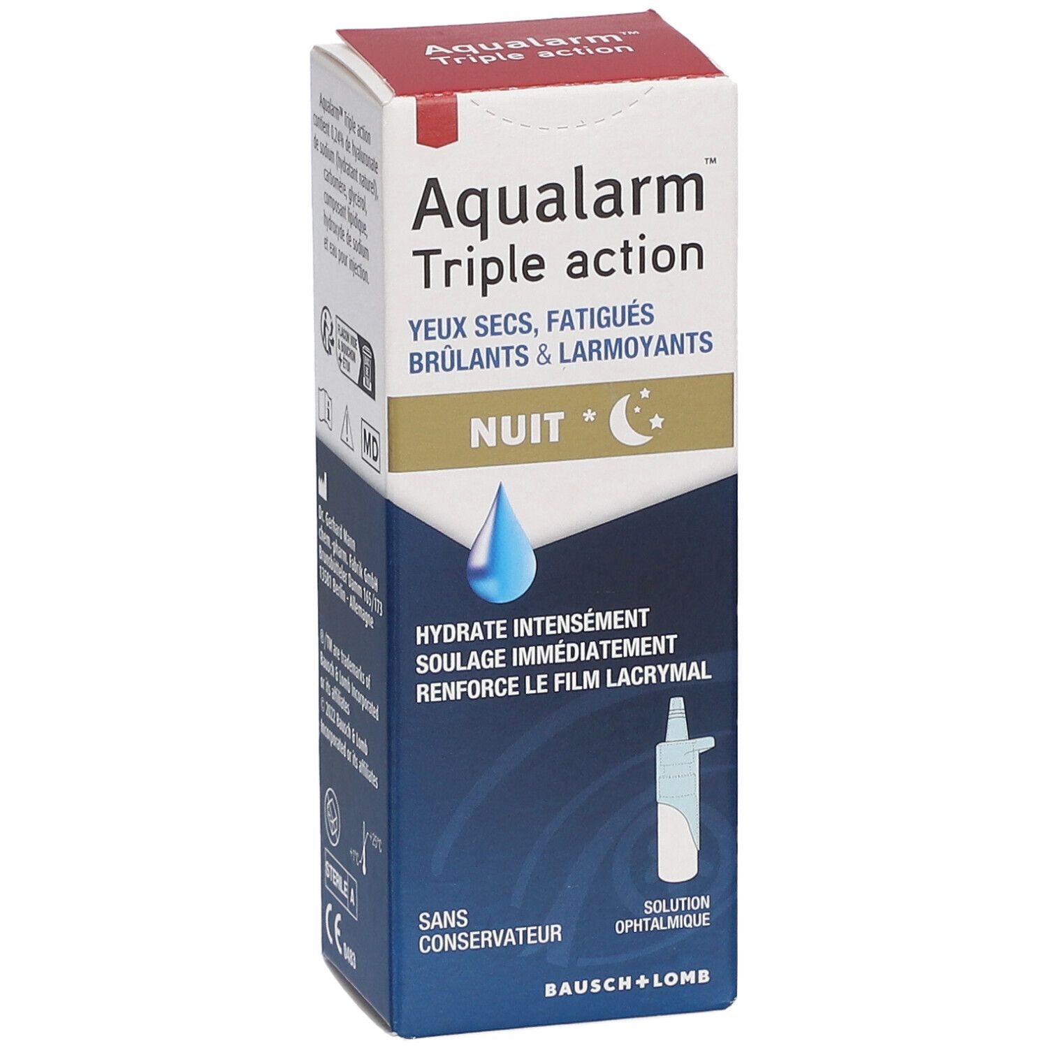 Aqualarm Triple action. Hydratation pour yeux secs, fatigués, brûlants et larmoyants. Nuit. Bausch + Lomb.