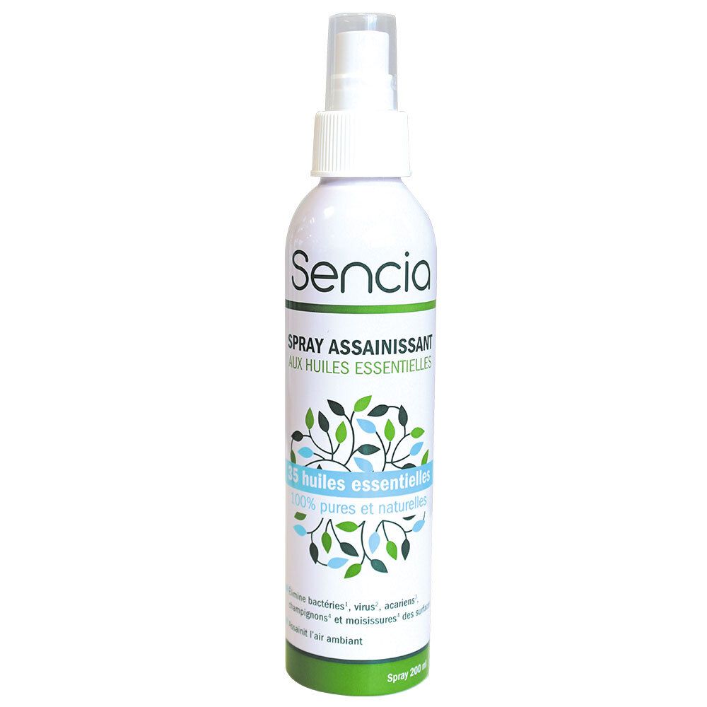 Sencia Spray, weiße Flasche mit Sprühkopf. Aufschrift: Spray assainissant aux huiles essentielles. Blätter-Design.