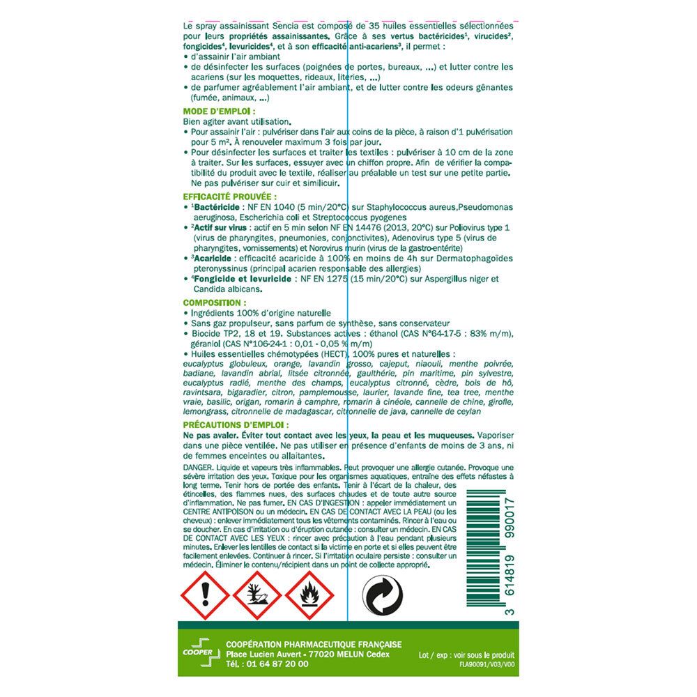 Rückseite der Sencia Spray Flasche. Text mit Inhaltsstoffen, Anwendungshinweisen und Warnhinweisen. Logos.