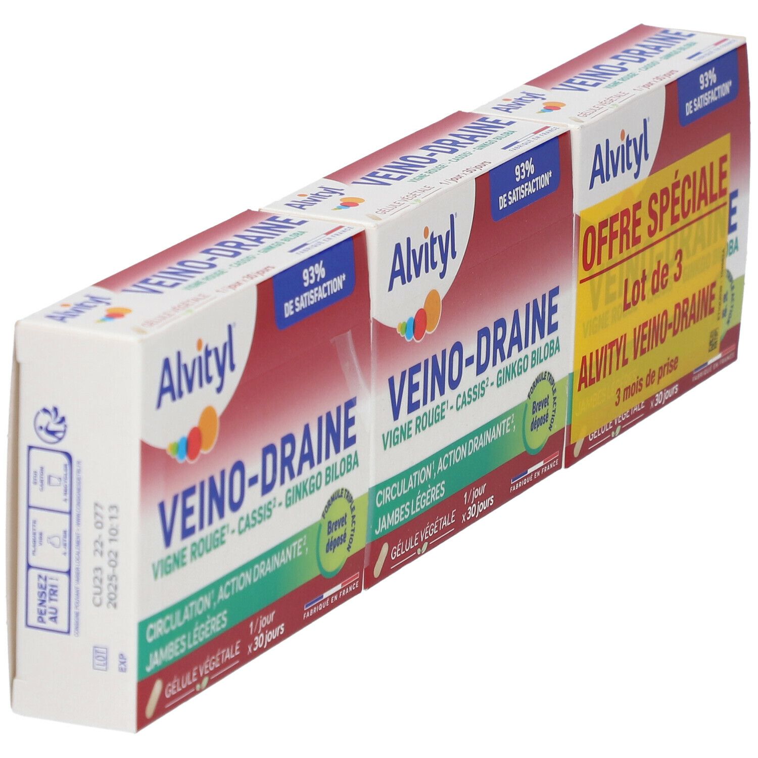 Trois boîtes Alvityl Veino-draine. Emballage rouge et blanc avec nom et ingrédients. Vue en perspective.
