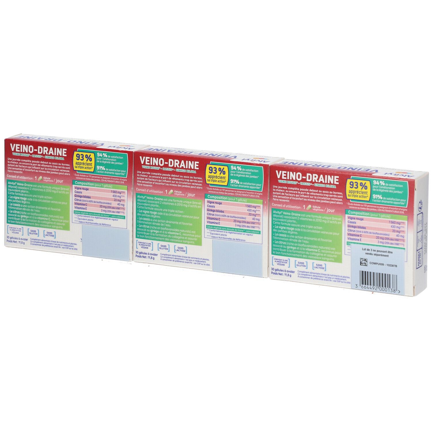 Dos de trois boîtes Alvityl Veino-draine. Informations sur les ingrédients et valeurs nutritionnelles. Fond blanc.