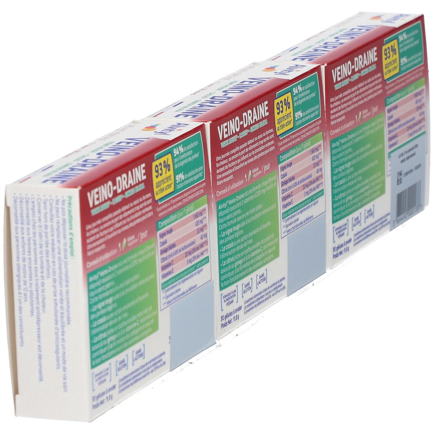 Vue en perspective du dos de trois boîtes Alvityl Veino-draine. Informations sur les ingrédients et valeurs nutritionnelles.