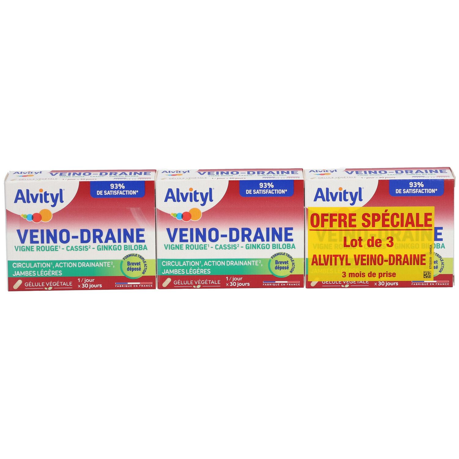 Trois boîtes Alvityl Veino-draine. Emballage rouge et blanc avec nom et ingrédients. Vue de dessus.