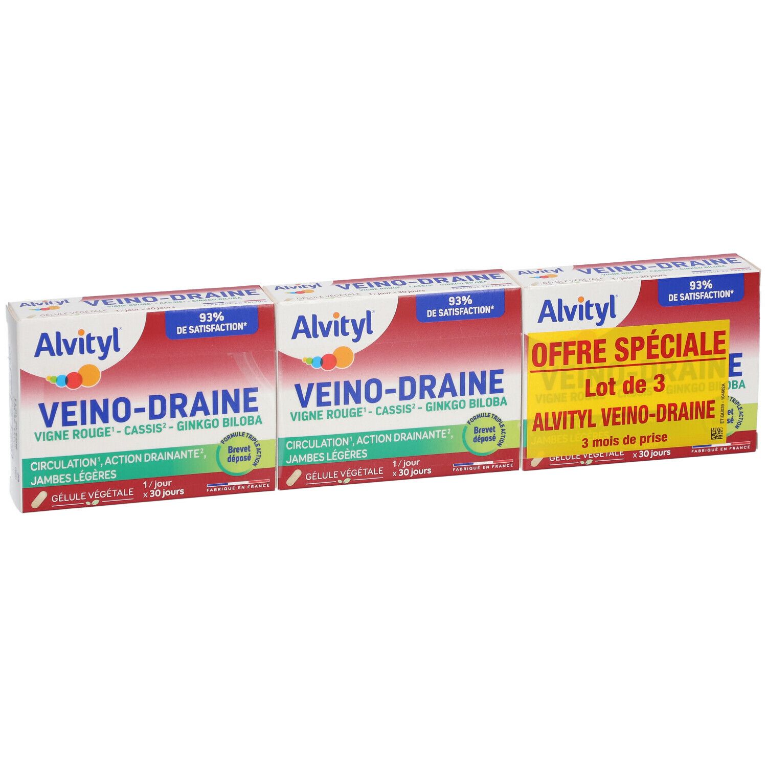 Trois boîtes Alvityl Veino-draine. Emballage rouge et blanc avec nom et ingrédients. Vue de dessus.