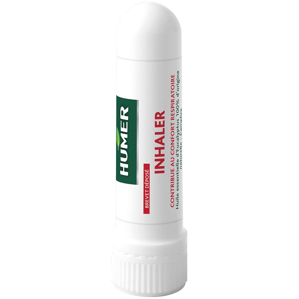 Inhalateur blanc avec logo HUMER vert. Texte rouge : INHALER, BREVET DÉPOSÉ. Contient de l'huile d'eucalyptus.