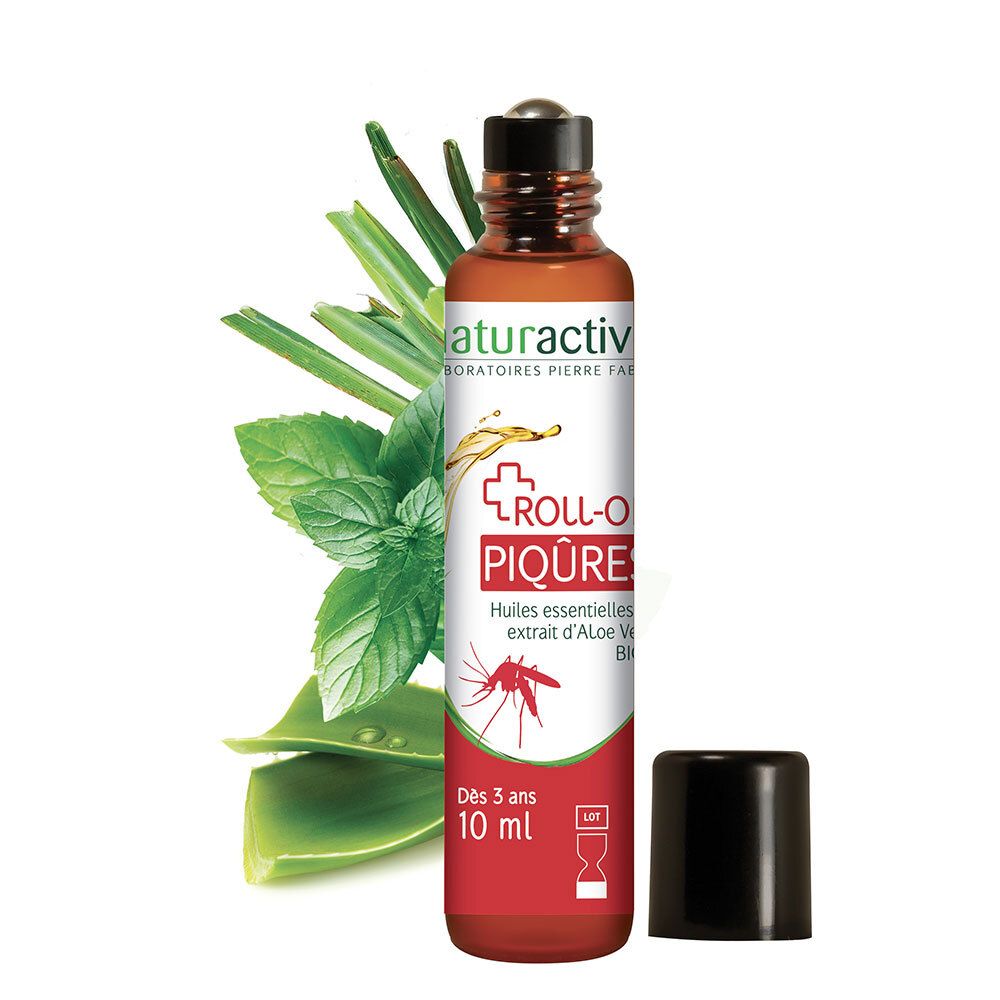 Flacon roll-on brun avec bouchon noir. Inscription : Roll-On Piqûres, 10 ml. Aloe Vera Bio.