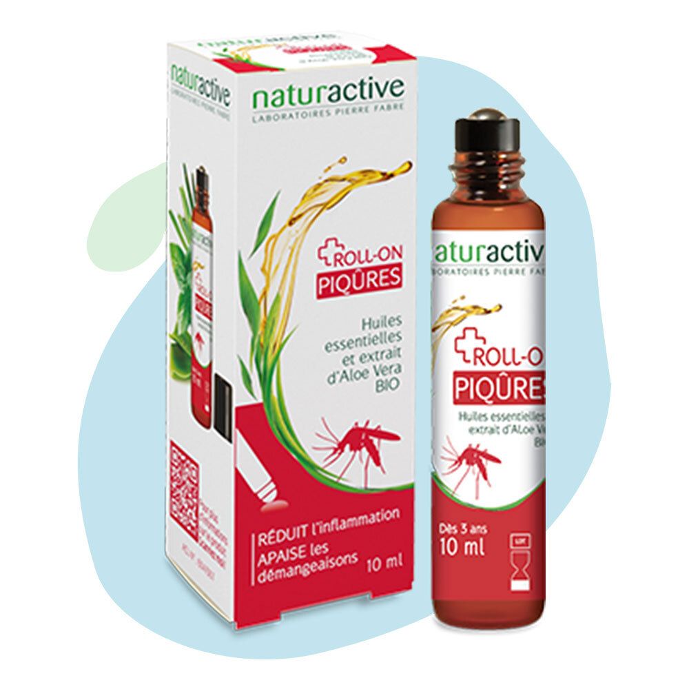 Flacon roll-on brun avec bouchon noir et emballage blanc. Inscription : Roll-On Piqûres, 10 ml.