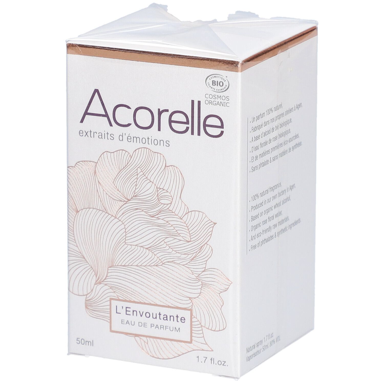 Acorelle Eau de Parfum "L'Envoûtante" BIO-Verpackung. Weißer Karton mit floralem Design und Produktnamen. BIO-Zertifizierung.