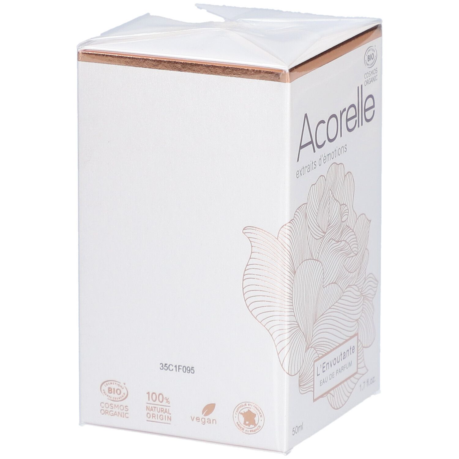 Acorelle Eau de Parfum "L'Envoûtante" BIO-Verpackung. Weißer Karton mit floralem Design, Produktnamen und BIO-Zertifizierung.