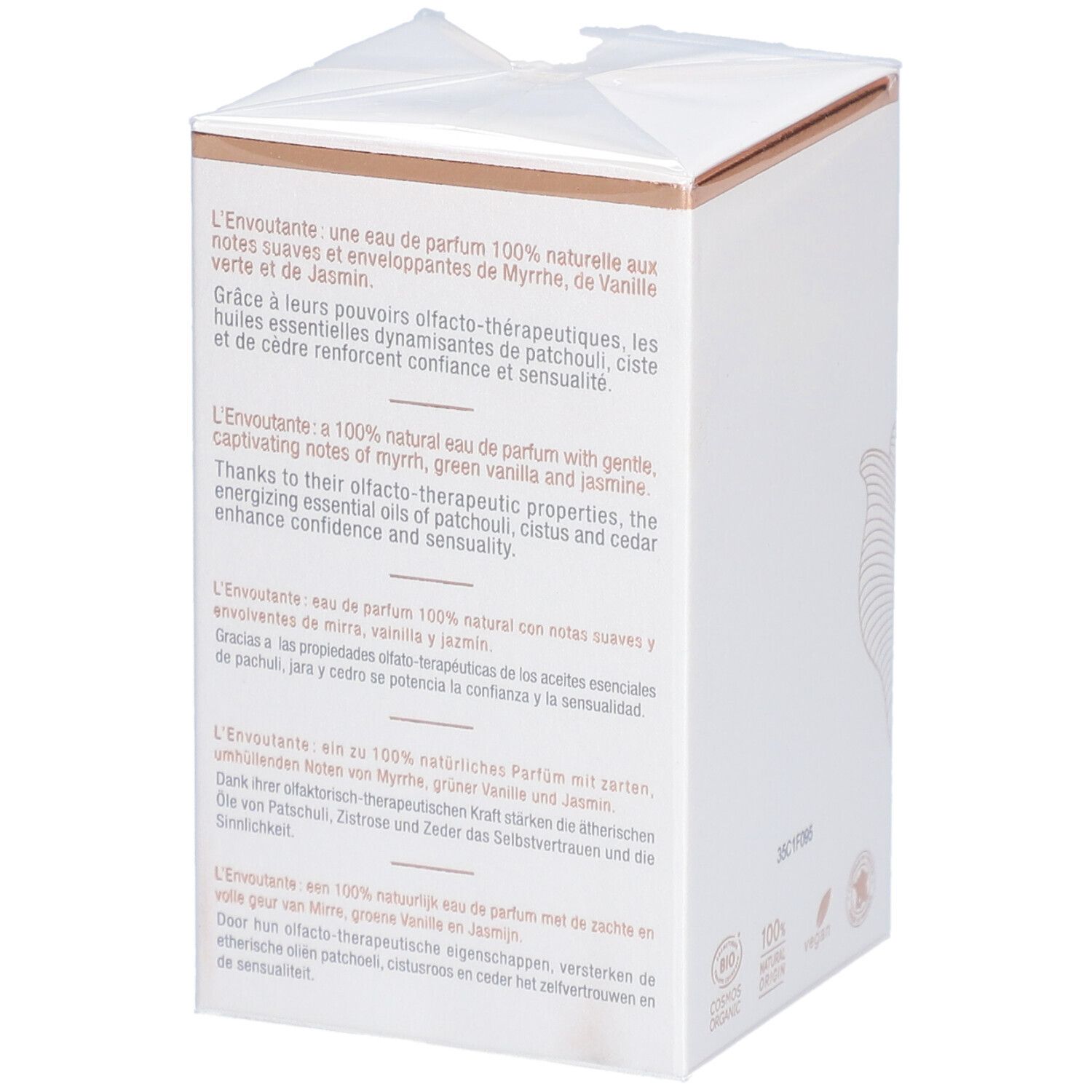 Rückseite der Acorelle Eau de Parfum "L'Envoûtante" BIO-Verpackung. Text in mehreren Sprachen. BIO-Zertifizierung.