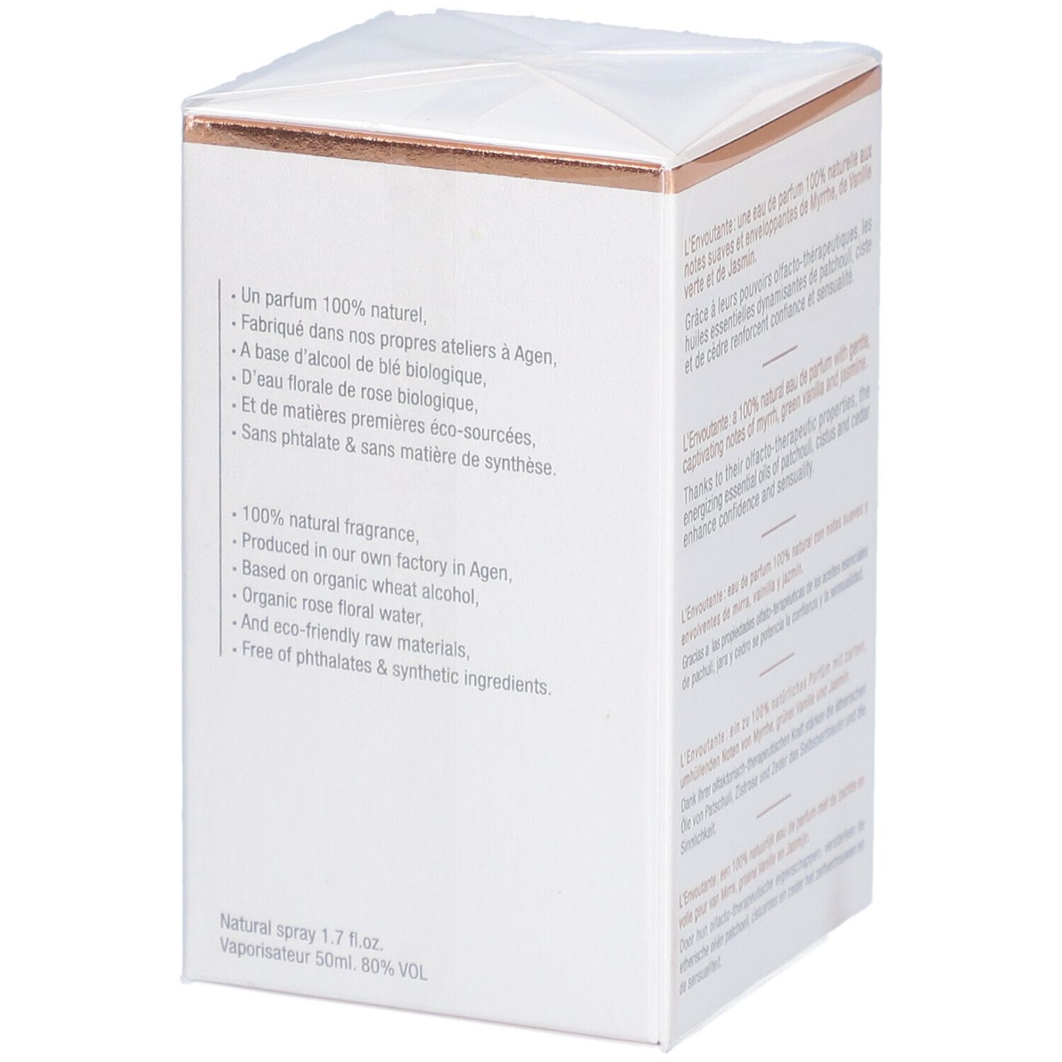 Seite der Acorelle Eau de Parfum "L'Envoûtante" BIO-Verpackung. Text über Inhaltsstoffe und Herstellung. BIO-Zertifizierung.