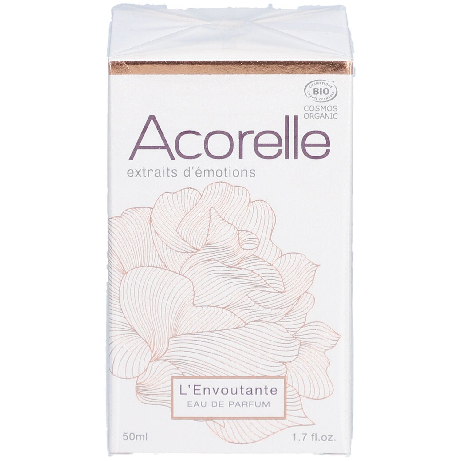 Acorelle Eau de Parfum "L'Envoûtante" BIO-Verpackung. Weißer Karton mit floralem Design und Produktnamen. BIO-Zertifizierung.