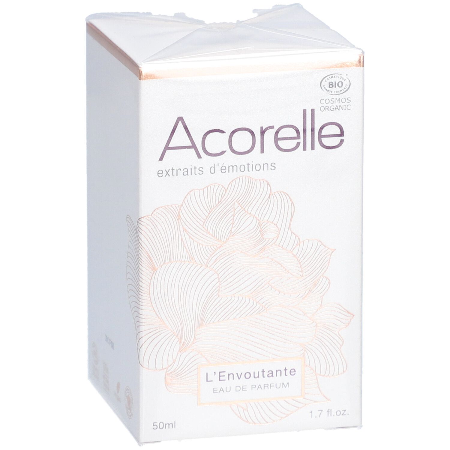 Acorelle Eau de Parfum "L'Envoûtante" BIO-Verpackung. Weißer Karton mit floralem Design und Produktnamen. BIO-Zertifizierung.