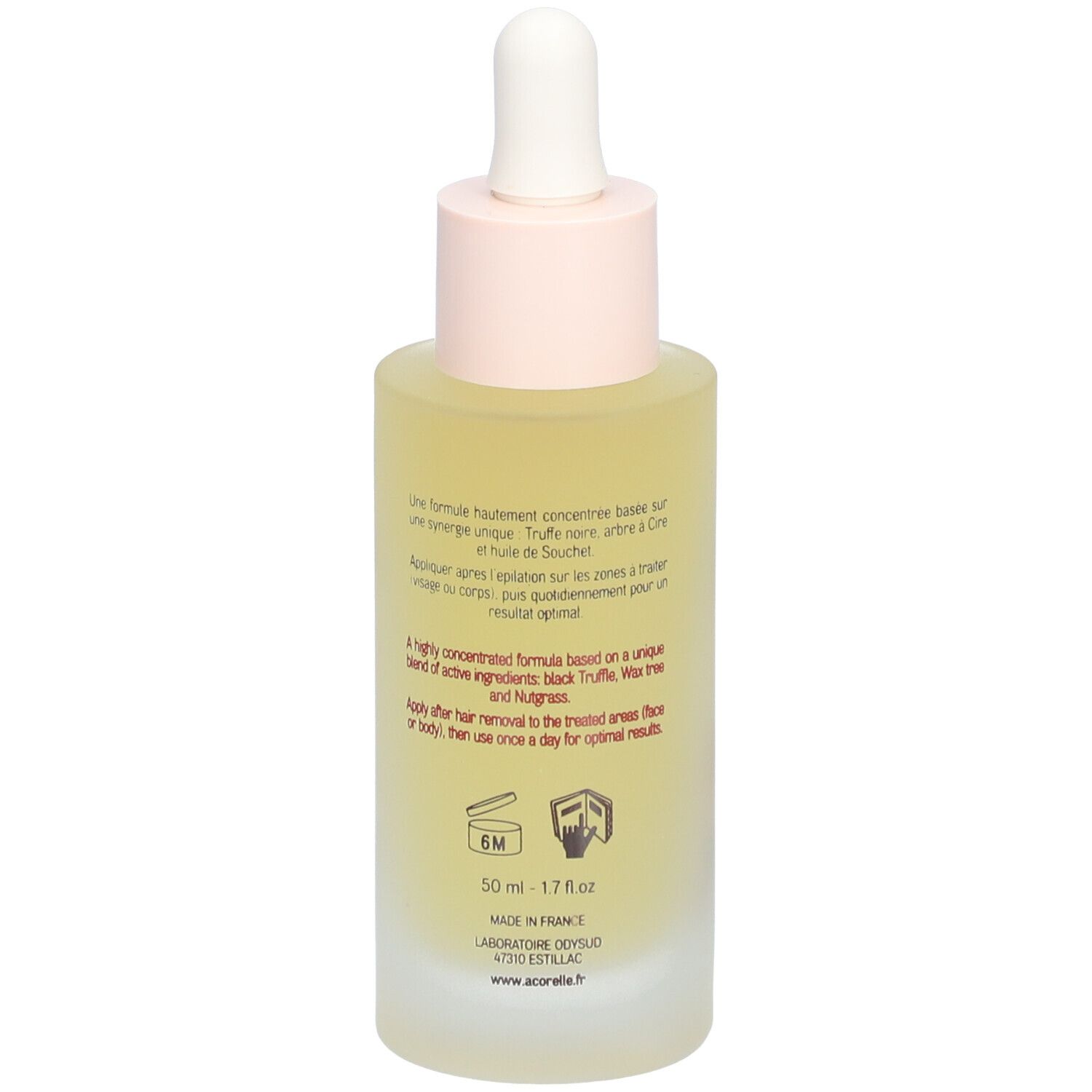 Rückseite der Serumflasche. Text: Inhaltsstoffe, Anwendungshinweise, BIO-Zertifizierung, 50 ml.