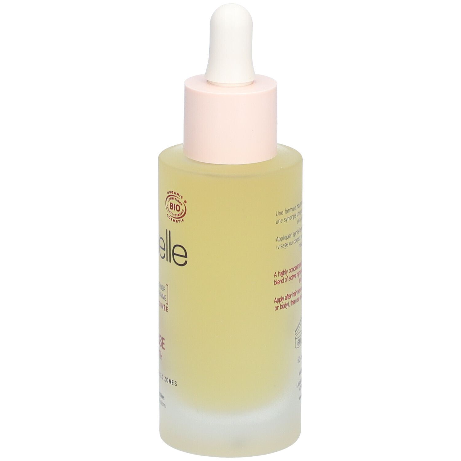 Serumflasche mit Pipette. Aufschrift: Acorelle, Anti-Nachwachsen, BIO-Zertifizierung.