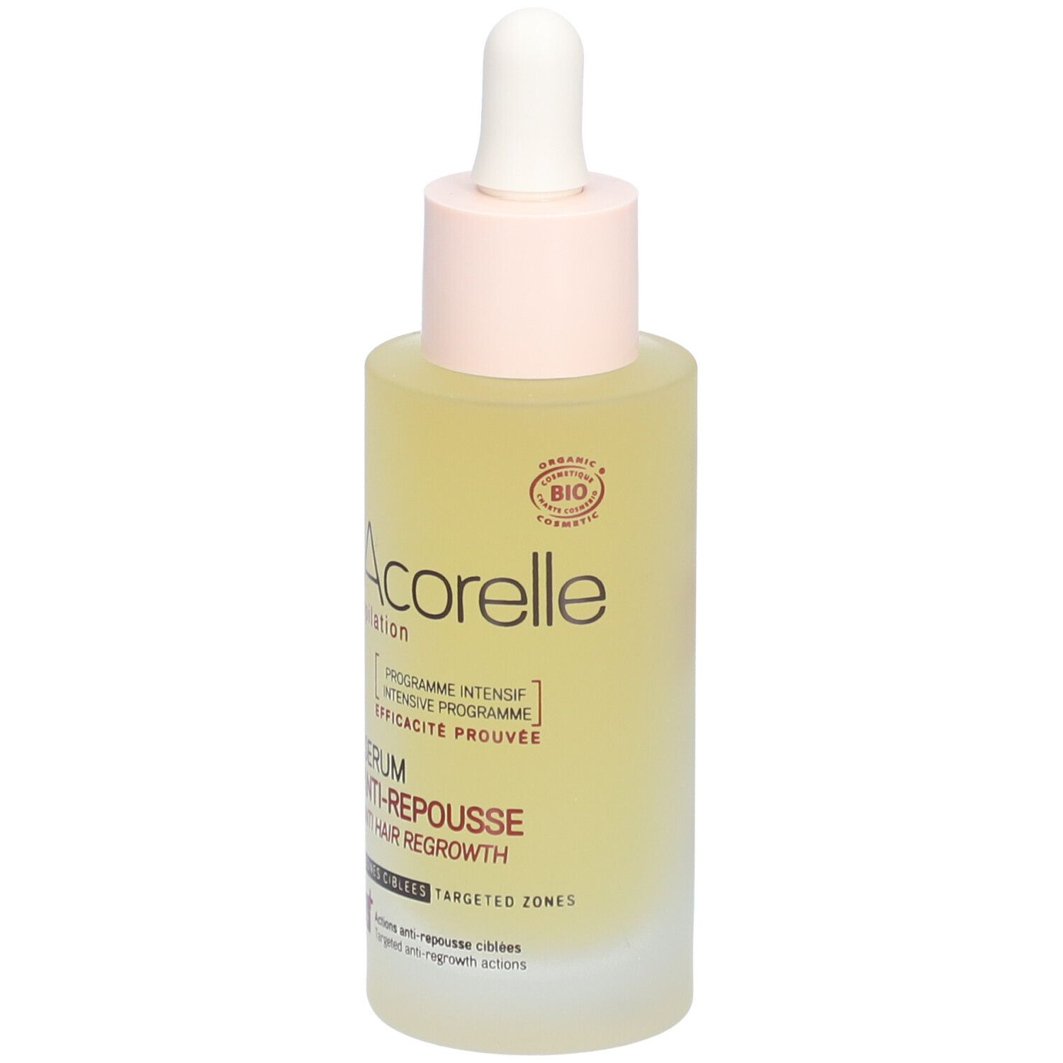 Serumflasche mit Pipette. Aufschrift: Acorelle, Anti-Nachwachsen, BIO-Zertifizierung.
