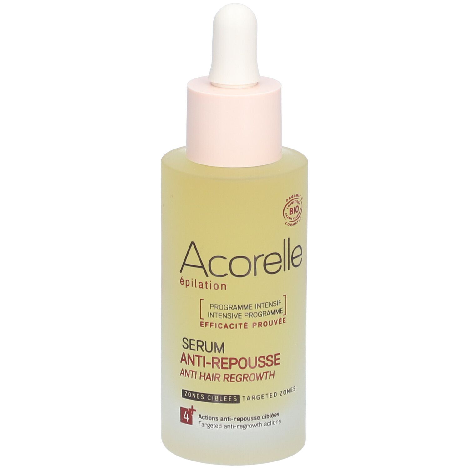 Serumflasche mit Pipette. Aufschrift: Acorelle, Anti-Nachwachsen, BIO-Zertifizierung.