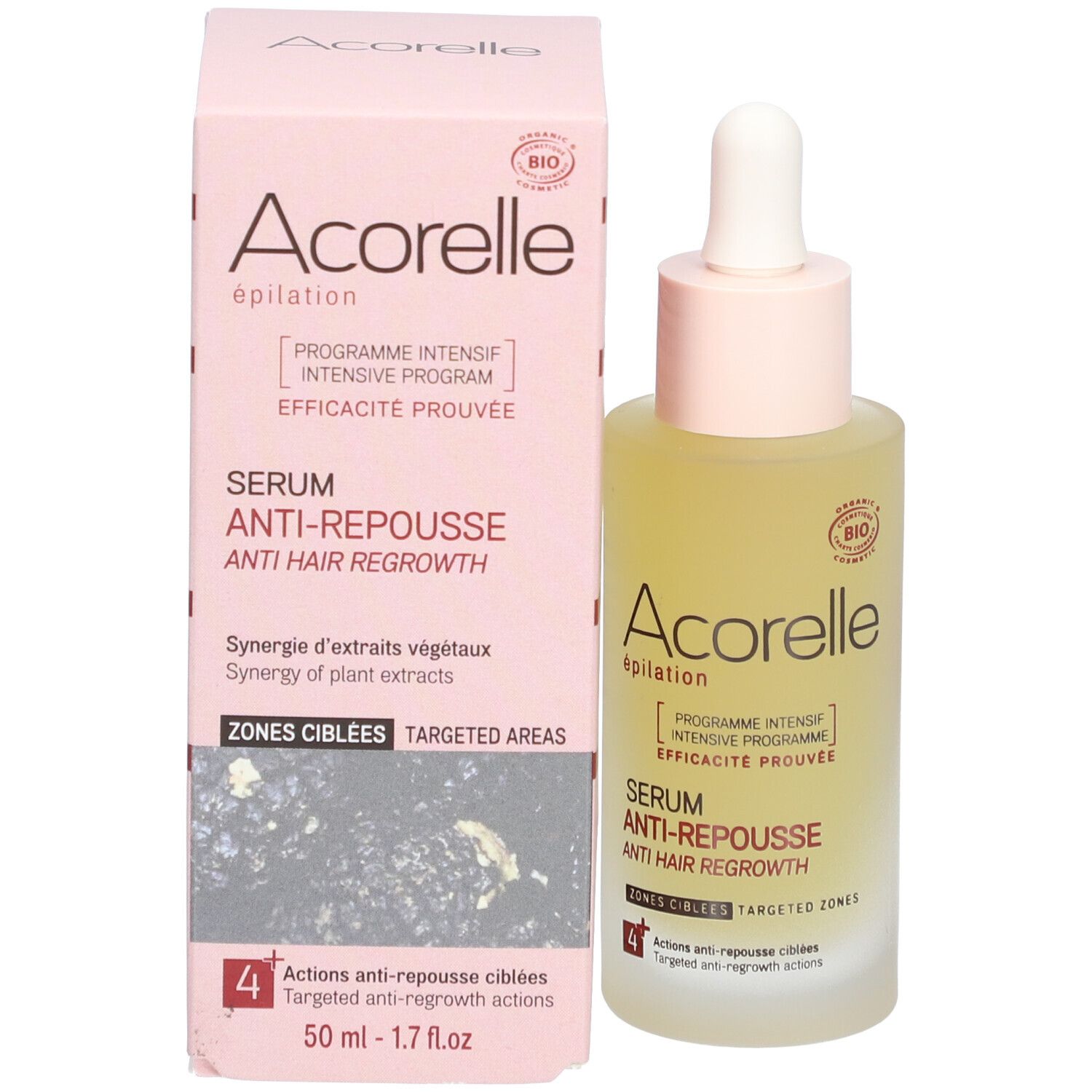 Serumflasche und Verpackung. Aufschrift: Acorelle, Anti-Nachwachsen, BIO-Zertifizierung, 50 ml.