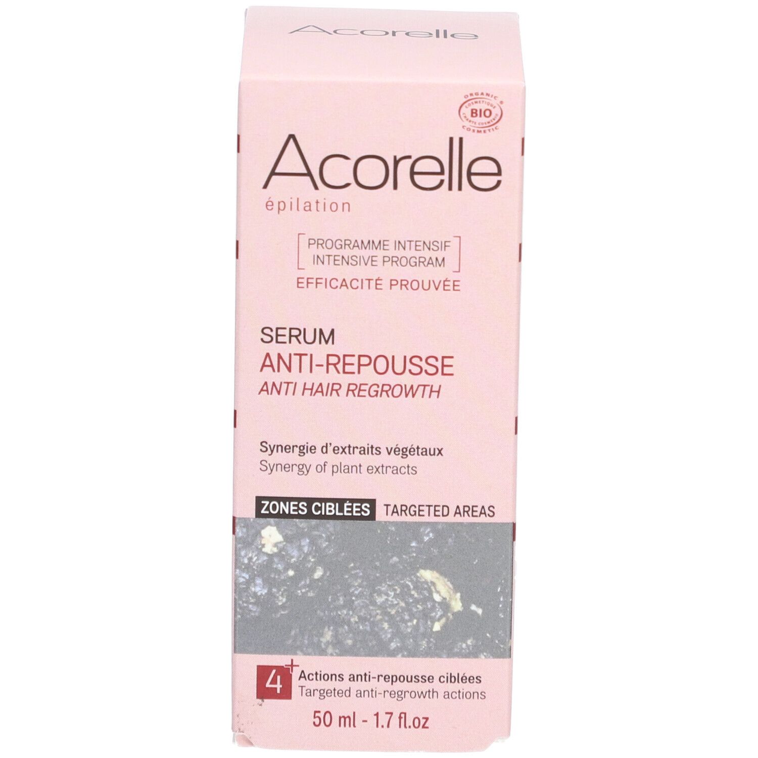 Verpackung. Aufschrift: Acorelle, Anti-Nachwachsen, BIO-Zertifizierung, 50 ml.