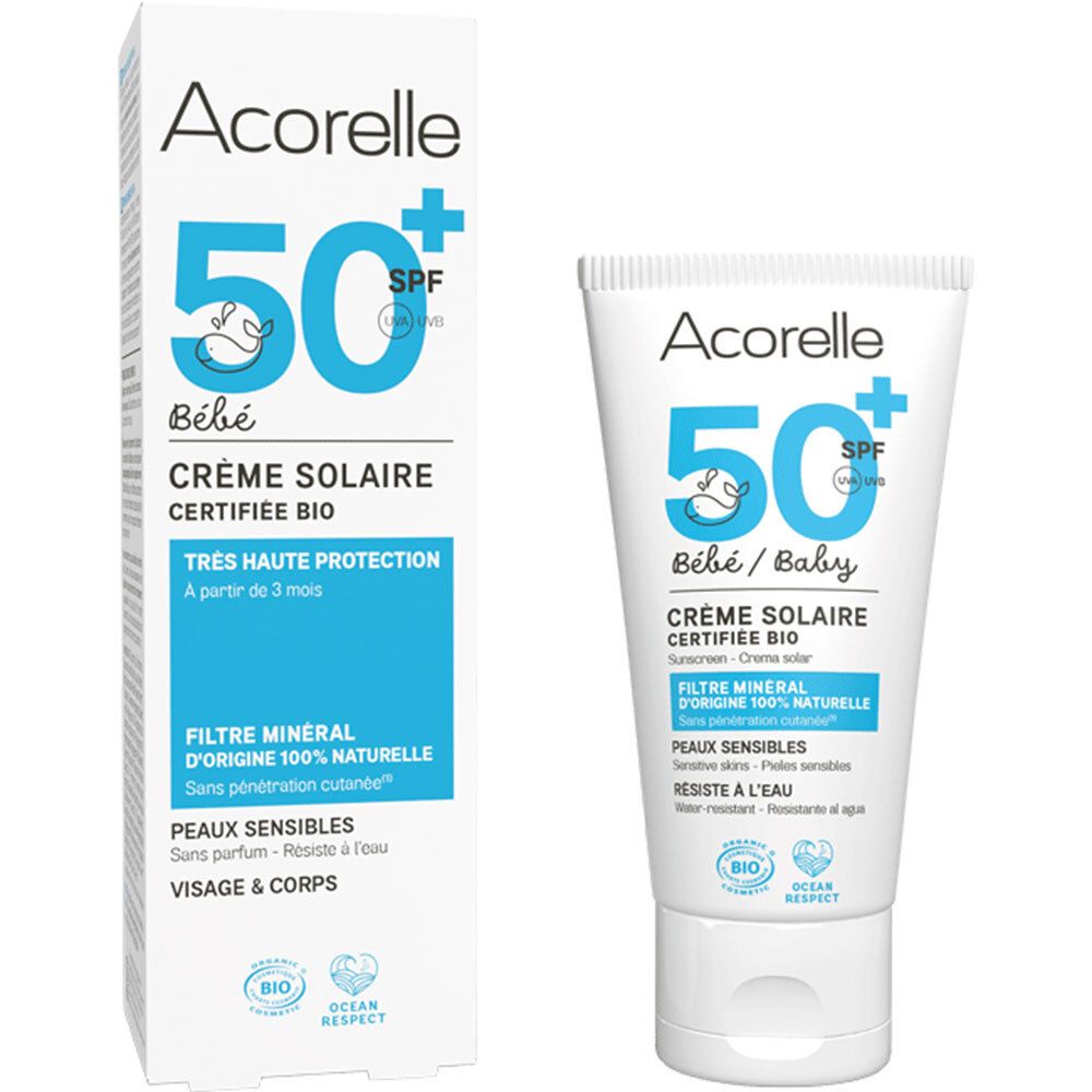 Acorelle Crème Solaire Bébé SPF50+ et emballage. Tube et boîte blancs, texte et logo bleus.