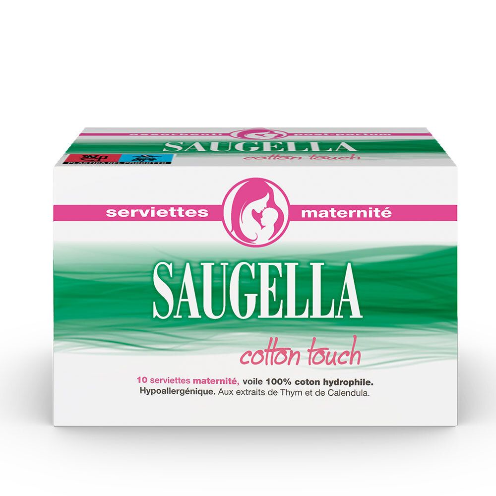 Boîte de serviettes Saugella Cotton Touch. Emballage blanc avec logo et informations produit.