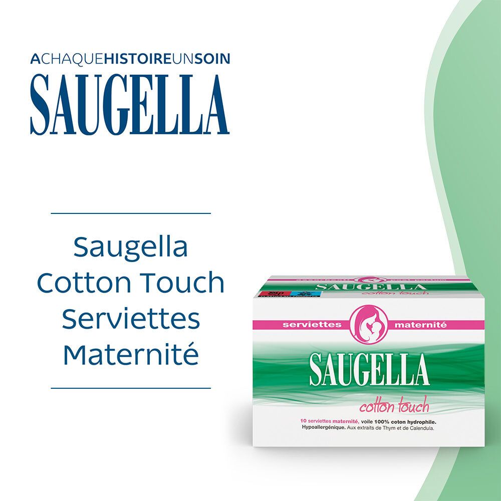 Saugella Cotton Touch serviettes. Produit et logo sur fond blanc.
