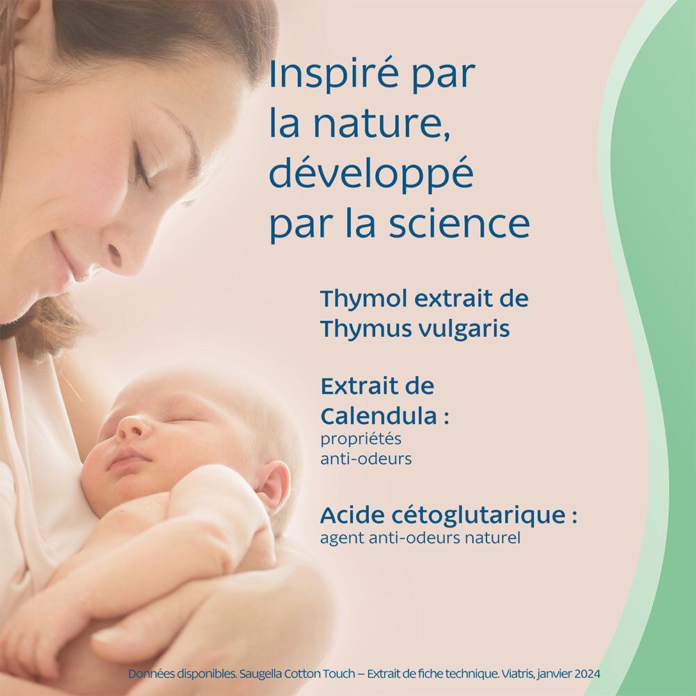 Mère et bébé. Texte sur les ingrédients : Thym, Calendula, acide cétoglutarique.