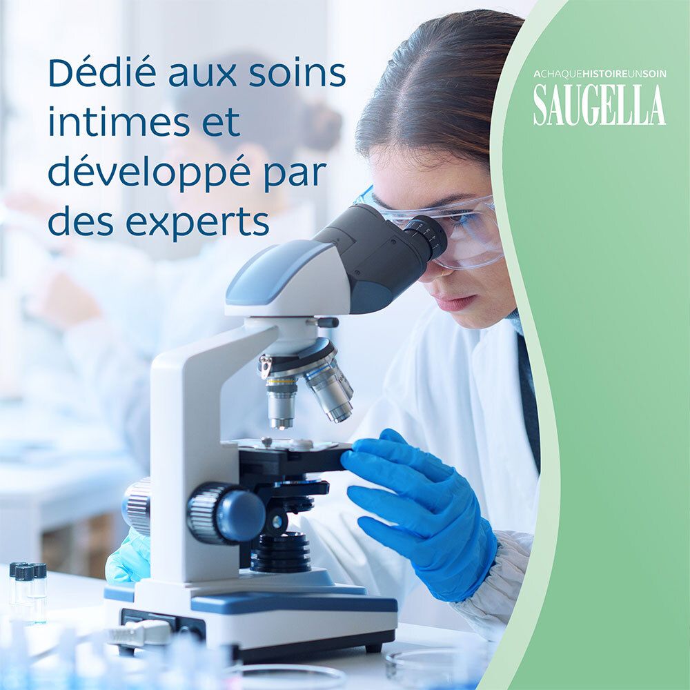 Scientifique en laboratoire. Logo Saugella et texte : Pour les soins intimes.