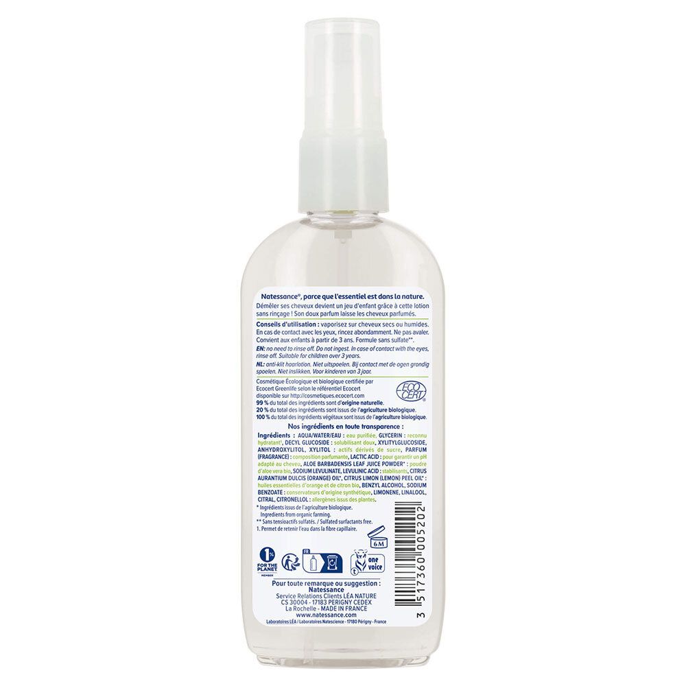 Rückseite der Flasche. Text mit Inhaltsstoffen und Anweisungen. Bio-Zertifizierung. Transparente Flüssigkeit sichtbar.