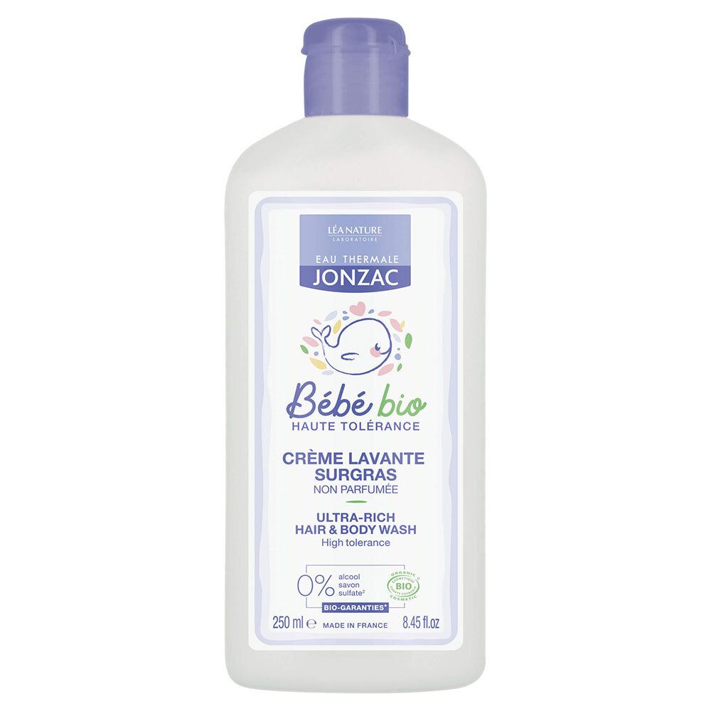 Flacon blanc avec bouchon violet. Inscriptions: Jonzac Bébé Bio, Crème Lavante Surgras, Ultra-Rich Hair & Body Wash.