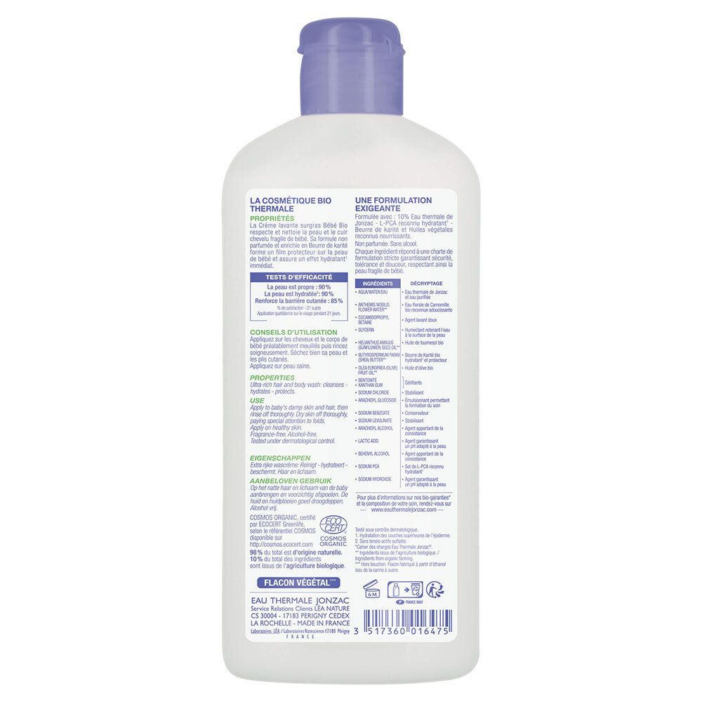 Dos du flacon blanc. Texte: ingrédients, mode d'emploi, certification bio, Flacon vegetal.
