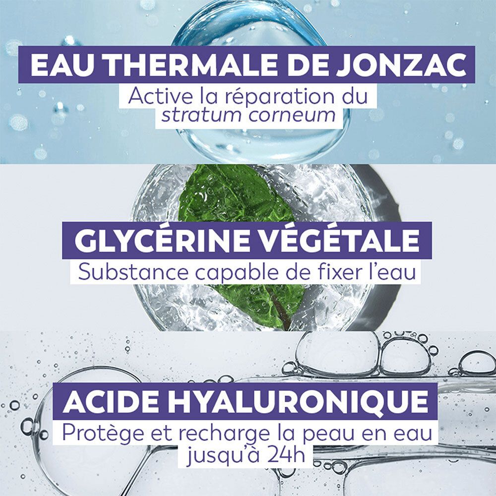 Texttafeln mit Inhaltsstoffen: Eau Thermale de Jonzac, Glyzerin, Hyaluronsäure. Grafiken von Wasser und Blättern.