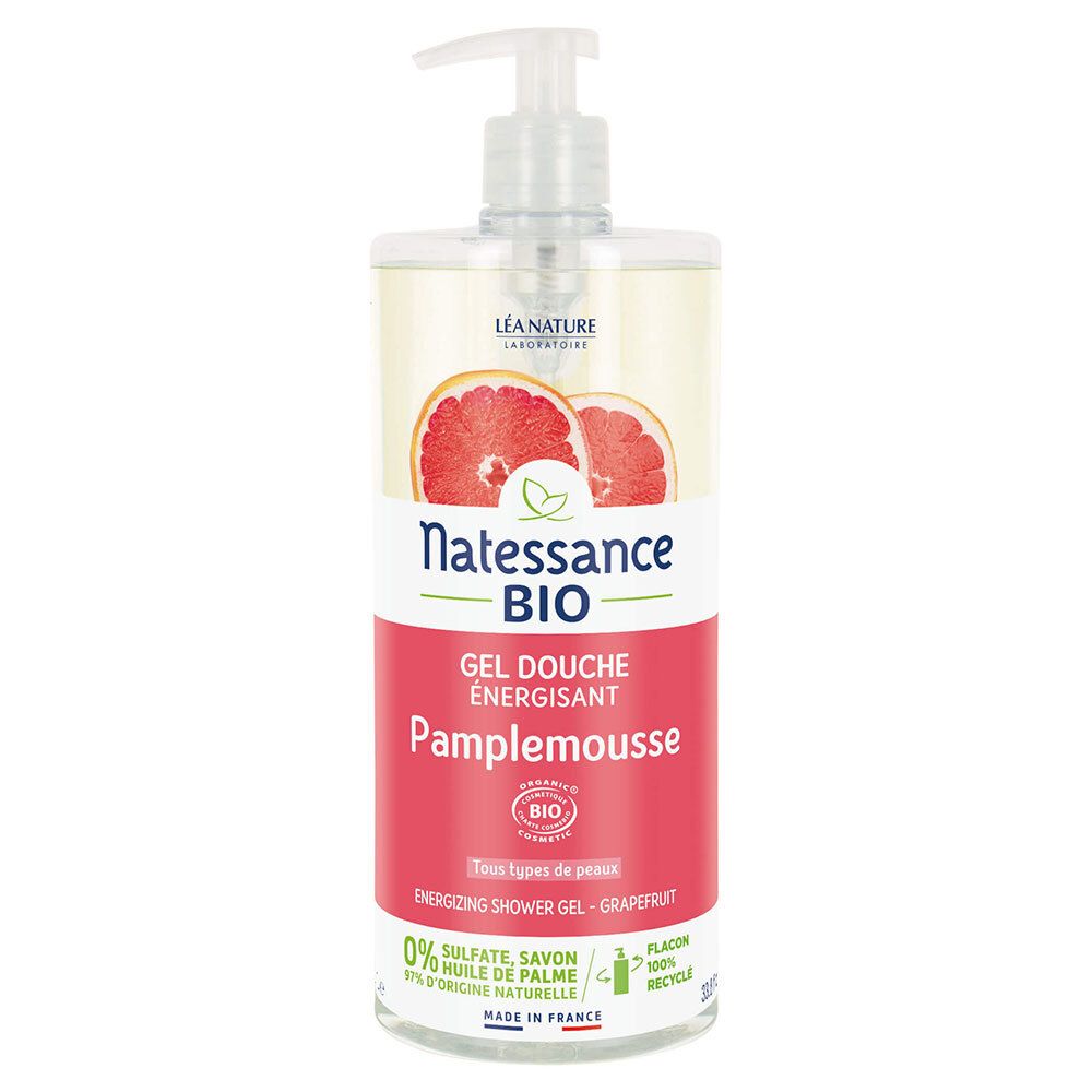 Flacon transparent avec pompe. Étiquette avec nom du produit, illustration de pamplemousse et label bio.