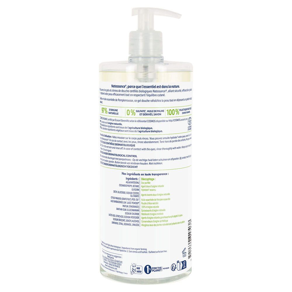Dos du flacon. Texte avec ingrédients, certifications et informations de recyclage.
