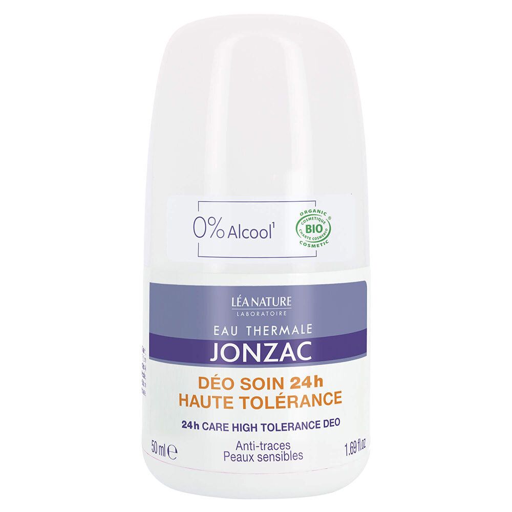 Roll-on déodorant blanc, accents violets. Inscription: JONZAC, 0% Alcool, certification bio. Pour peaux sensibles.