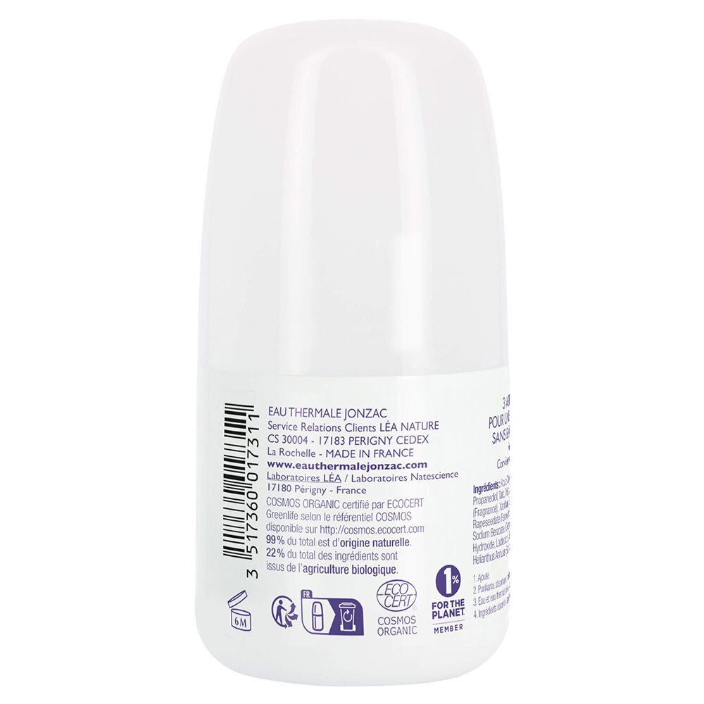 Dos du roll-on déodorant. Inscriptions: EAU THERMALE JONZAC, ingrédients, certification bio, origine. Code-barres.