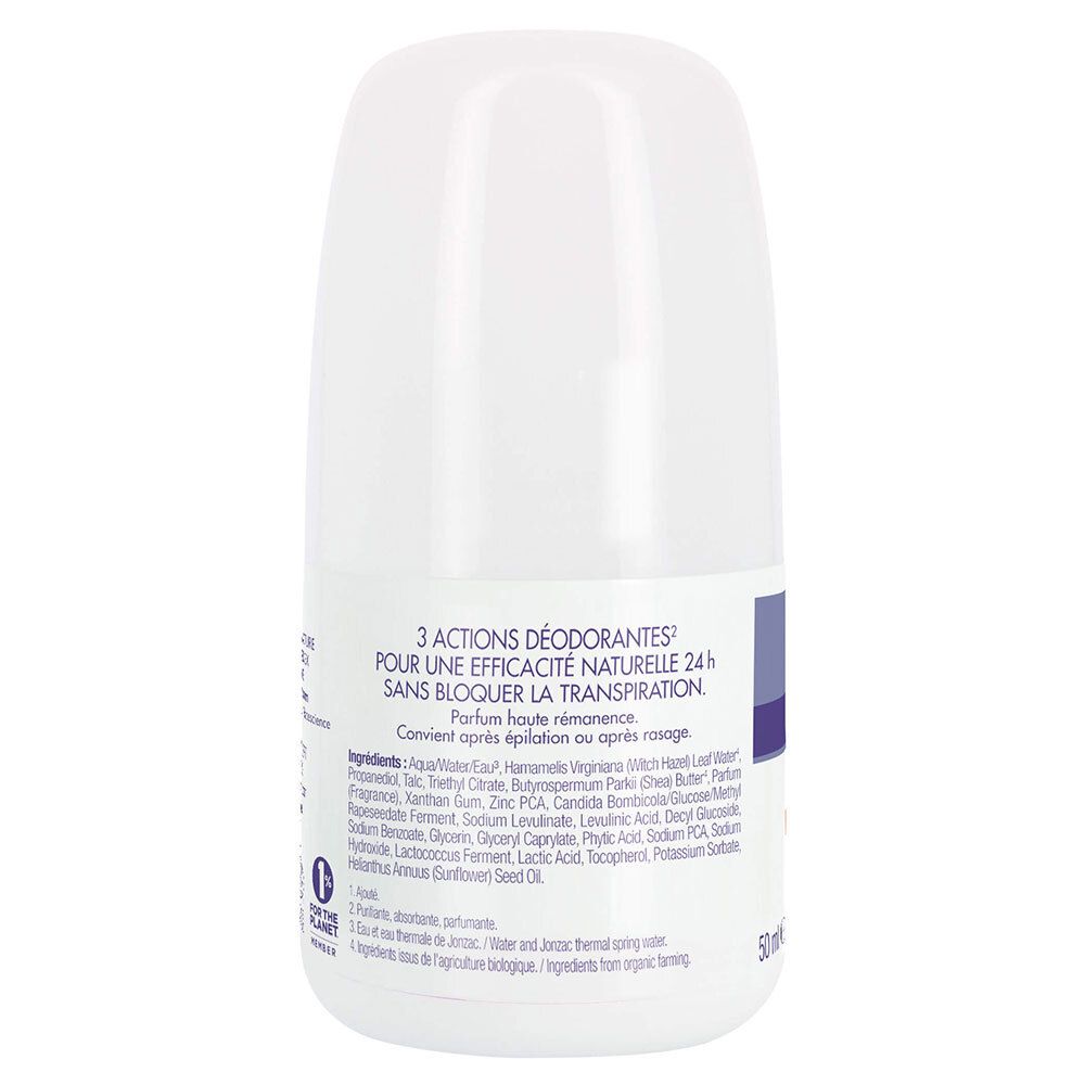 Dos du roll-on déodorant. Inscriptions: 3 actions, ingrédients, efficacité 24h, certification bio. 50ml.