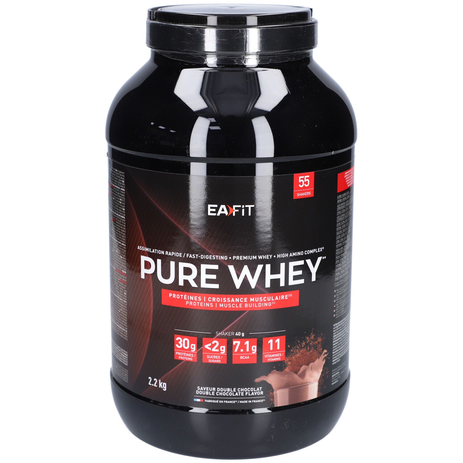 Schwarzer Behälter mit EAFIT Pure Whey Doppel-Schokolade. Aufschrift: Pure Whey, Proteine, 55 Portionen. Doppel-Schokoladen-Geschmack.