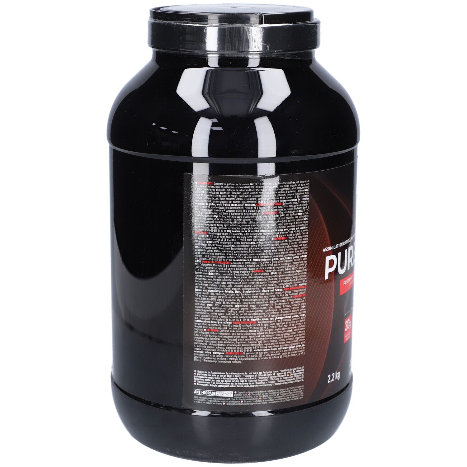 Schwarzer Behälter mit EAFIT Pure Whey. Rückseite mit Text und Informationen. Roter Streifen mit Produktinformationen.