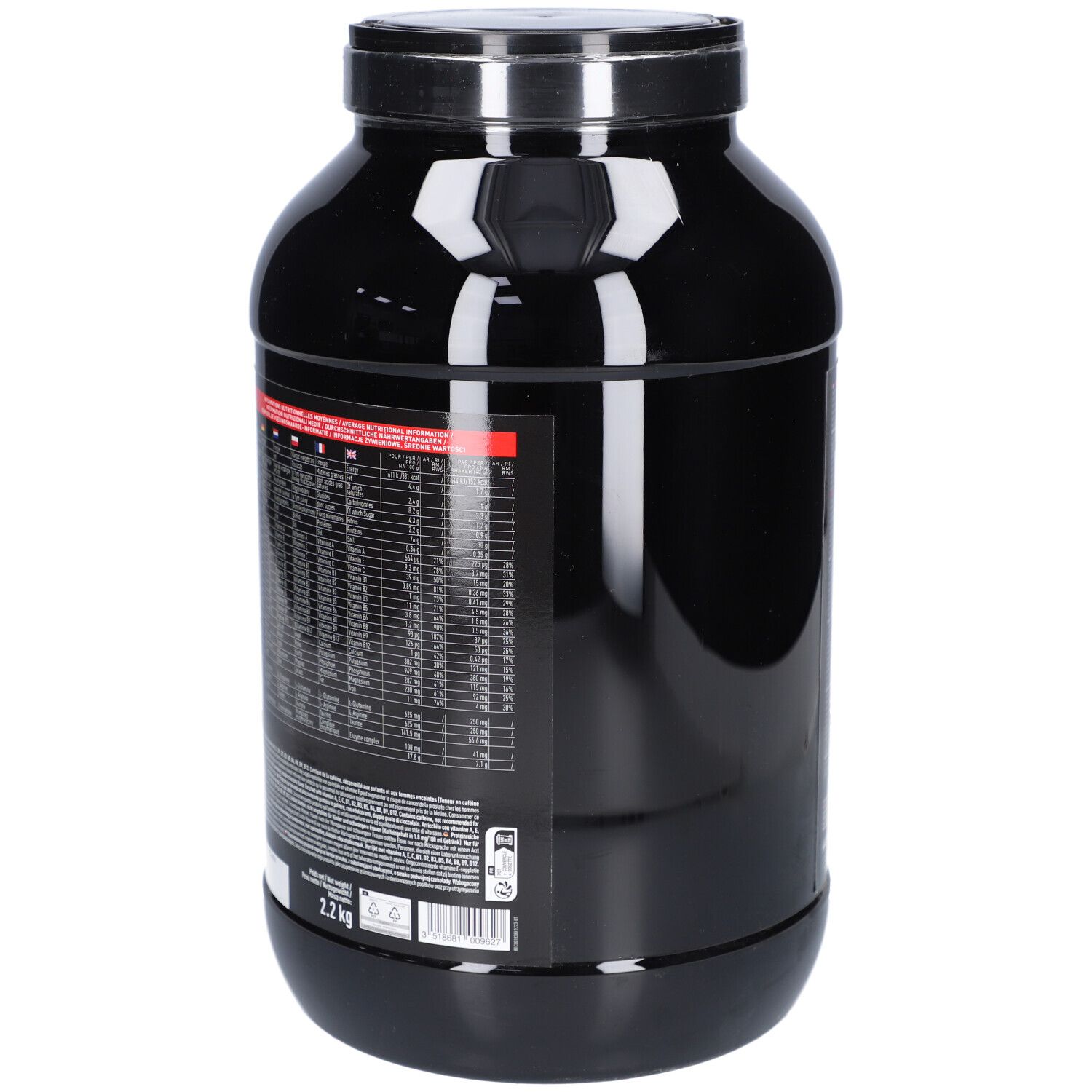 Schwarzer Behälter mit EAFIT Pure Whey. Rückseite mit Nährwertangaben und Informationen. 2,2 kg Gewicht.