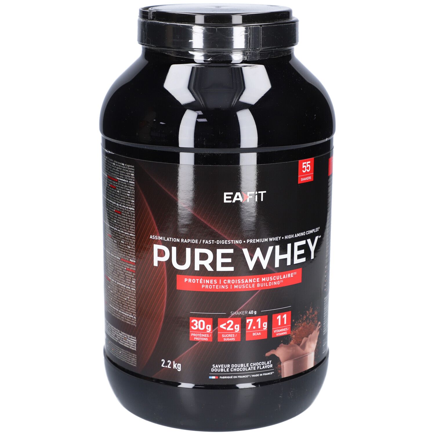 Schwarzer Behälter mit EAFIT Pure Whey Doppel-Schokolade. Aufschrift: Pure Whey, Proteine, 55 Portionen. Doppel-Schokoladen-Geschmack.