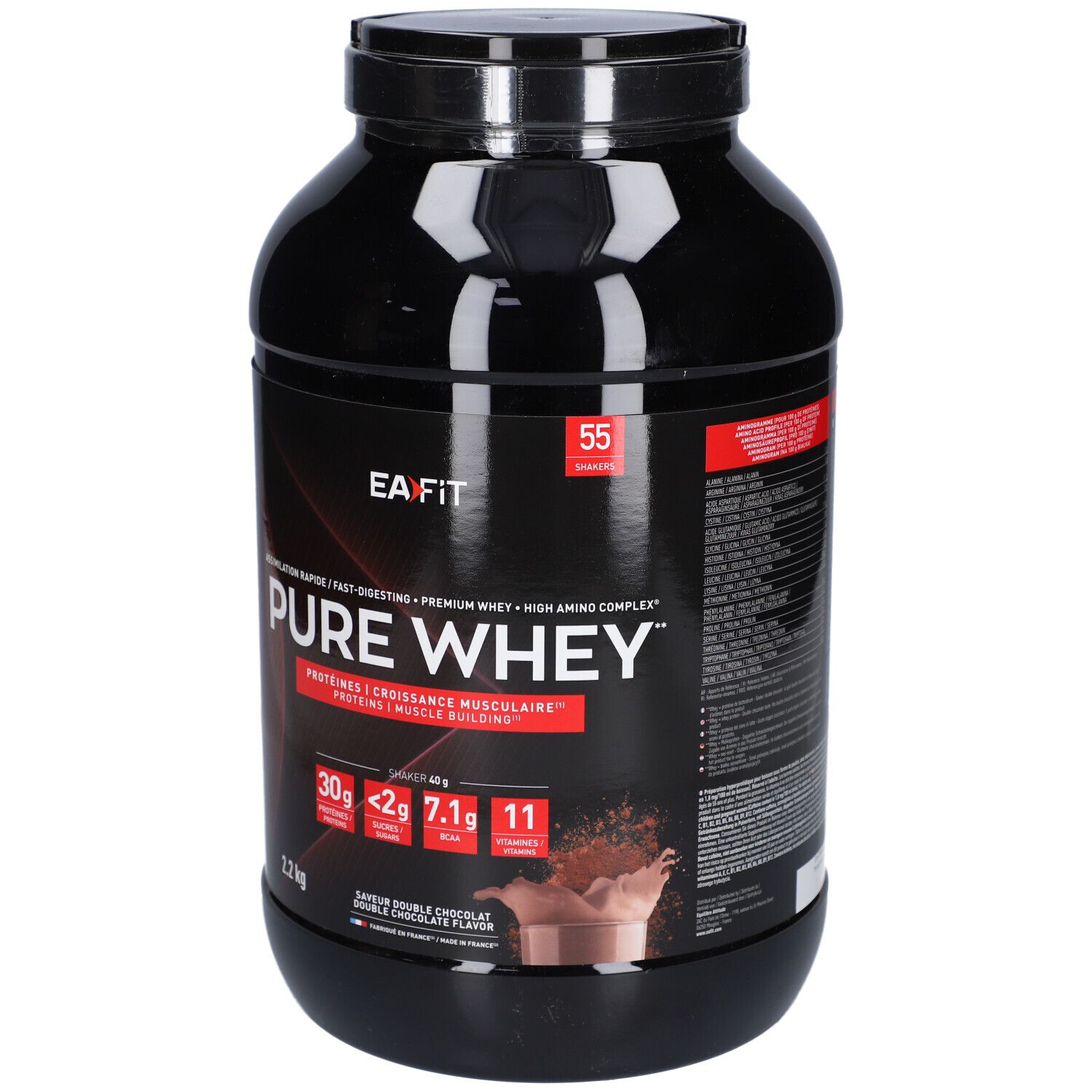 Schwarzer Behälter mit EAFIT Pure Whey Doppel-Schokolade. Aufschrift: Pure Whey, Proteine, 55 Portionen. Doppel-Schokoladen-Geschmack.
