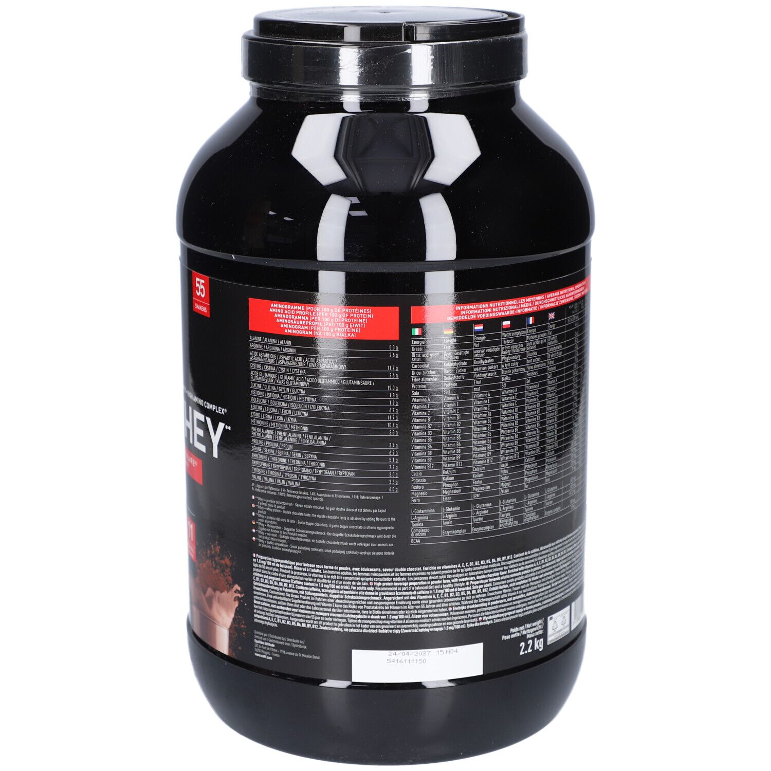 Schwarzer Behälter mit EAFIT Pure Whey. Rückseite mit Text, Nährwertangaben und Informationen. 2,2 kg Gewicht.
