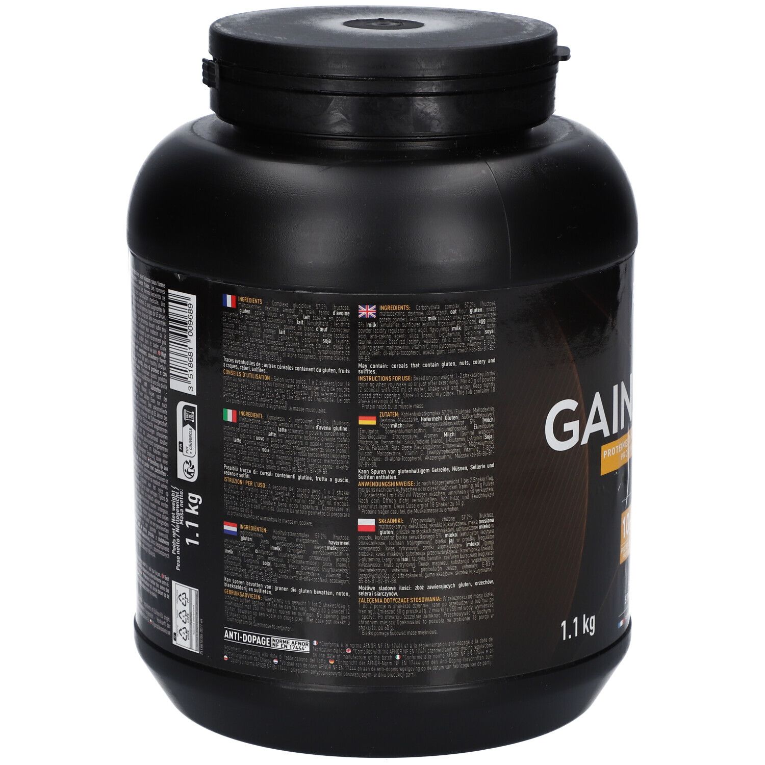 Schwarzer Behälter, Rückseite. Text in mehreren Sprachen. EAFIT Gainer Max. Gewicht: 1.1 kg. Zutatenliste und Nährwertangaben.