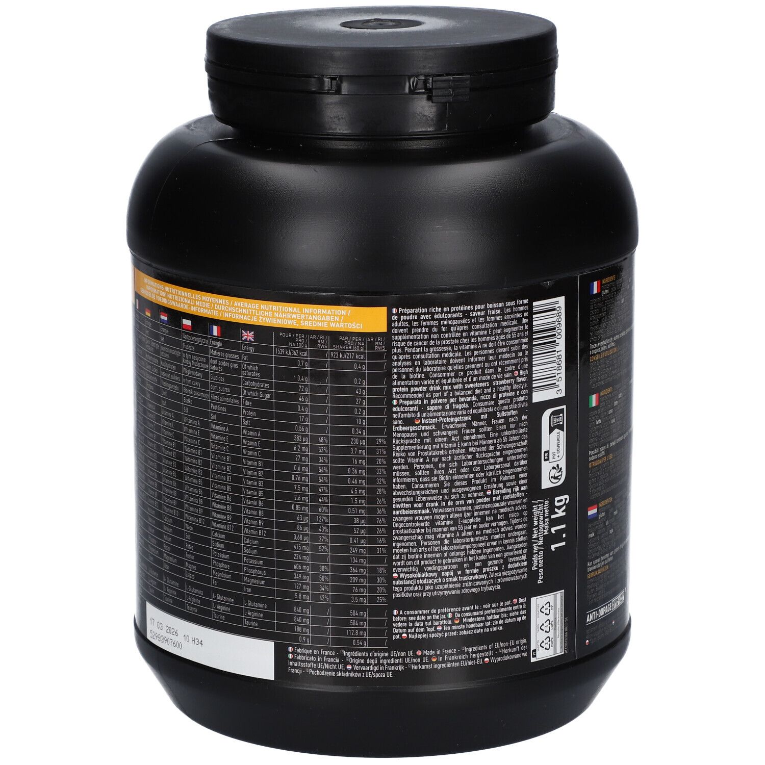Schwarzer Behälter, Rückseite. Text in mehreren Sprachen. EAFIT Gainer Max. Gewicht: 1.1 kg. Zutatenliste und Nährwertangaben.