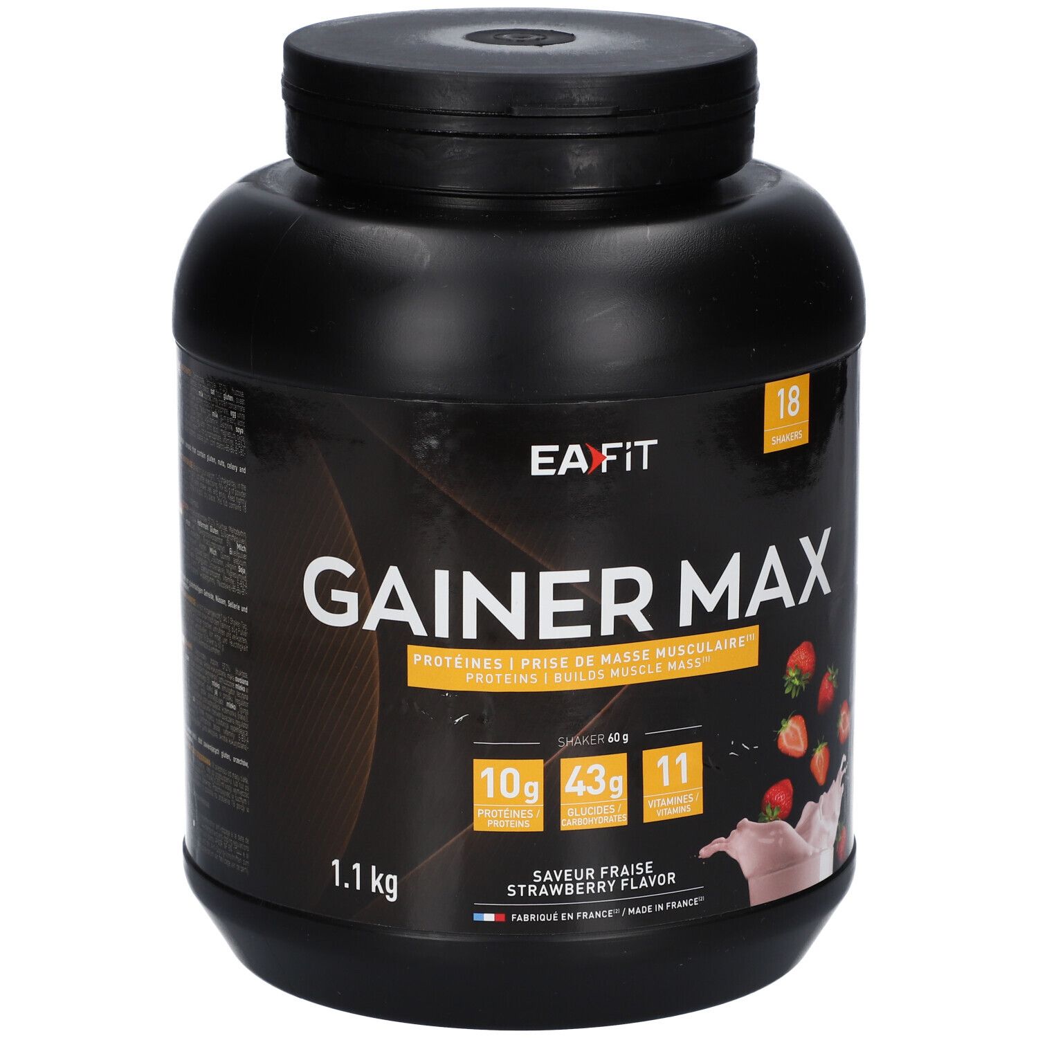Schwarzer Behälter mit EAFIT Gainer Max Erdbeere. Aufdruck: 10g Proteine, 43g Kohlenhydrate, 11 Vitamine. Erdbeer-Abbildung.