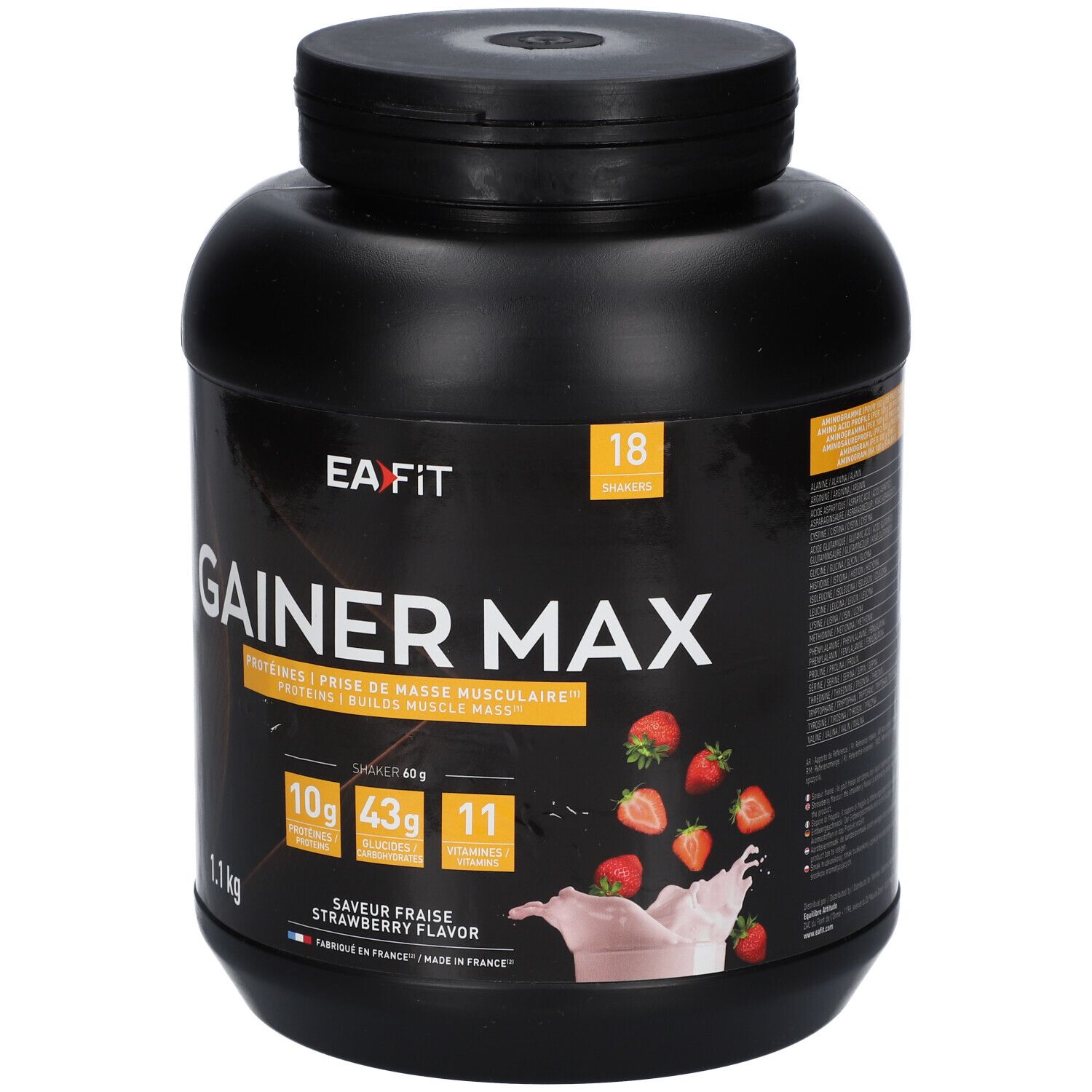 Schwarzer Behälter mit EAFIT Gainer Max Erdbeere. Aufdruck: 10g Proteine, 43g Kohlenhydrate, 11 Vitamine. Erdbeer-Abbildung.