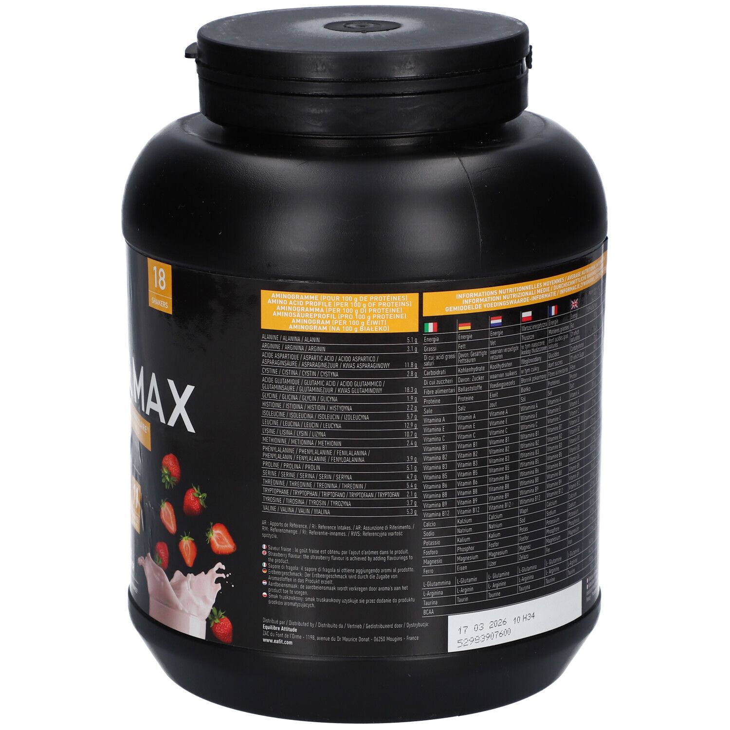 Schwarzer Behälter, Rückseite. Text in mehreren Sprachen. EAFIT Gainer Max. Gewicht: 1.1 kg. Zutatenliste und Nährwertangaben.