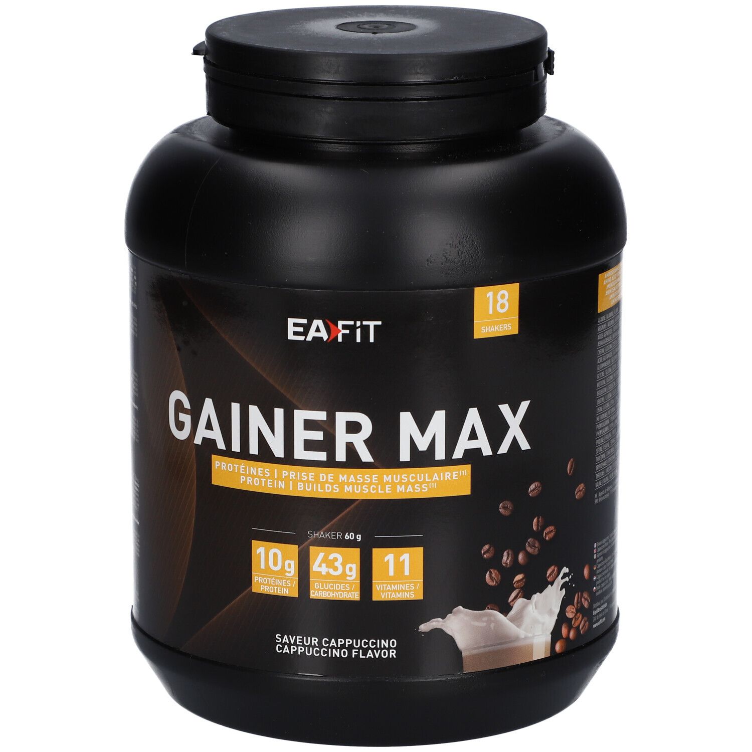 Schwarzer Behälter mit EAFIT GAINER MAX Cappuccino. Aufschrift: Proteine, Masse musculaire, 18 Portionen, 10g, 43g, 11.