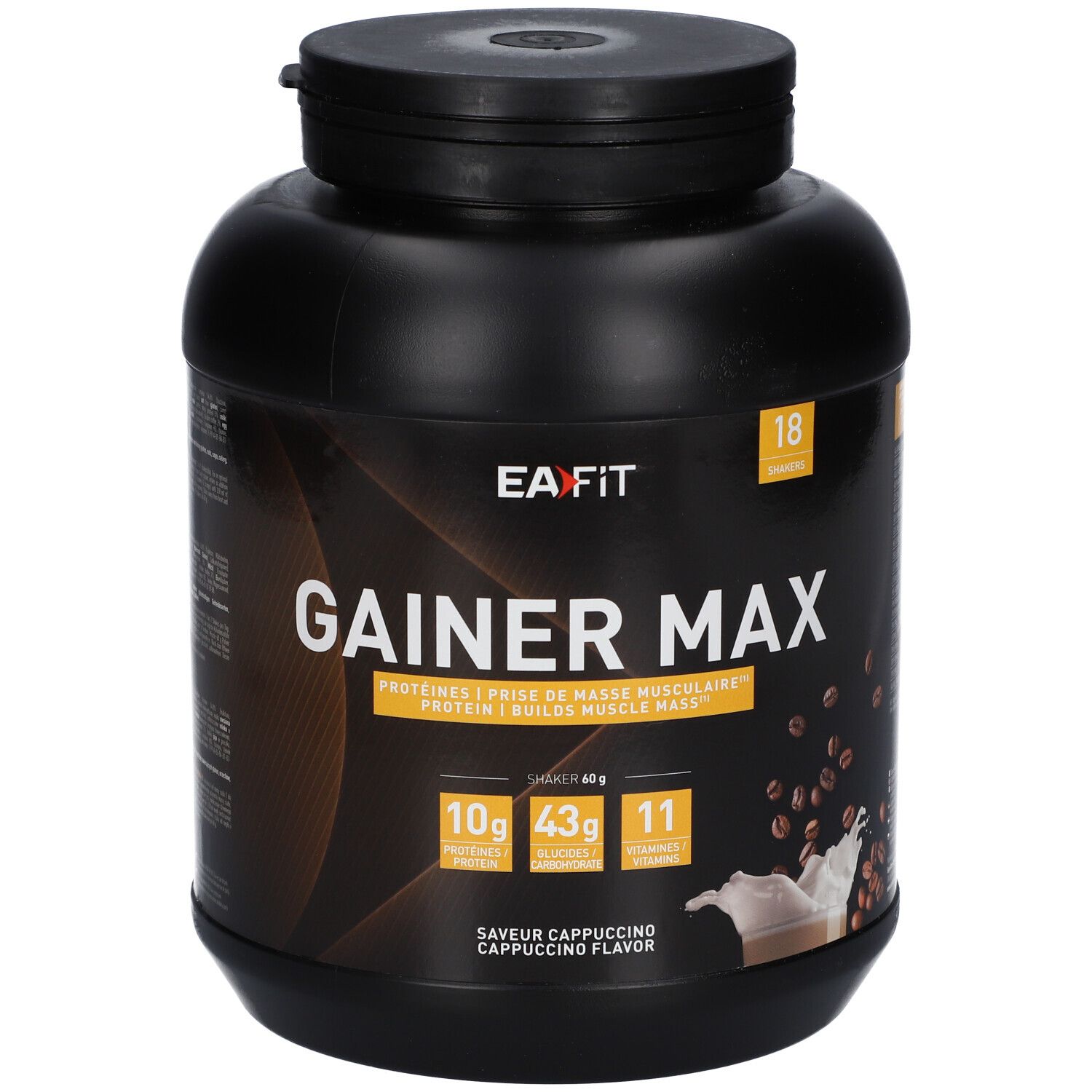 Schwarzer Behälter mit EAFIT GAINER MAX Cappuccino. Aufschrift: Proteine, Masse musculaire, 18 Portionen, 10g, 43g, 11.